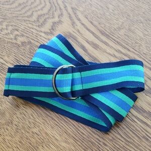 Striped Navy, Teal & Aqua Fabric Belt with D-Ring